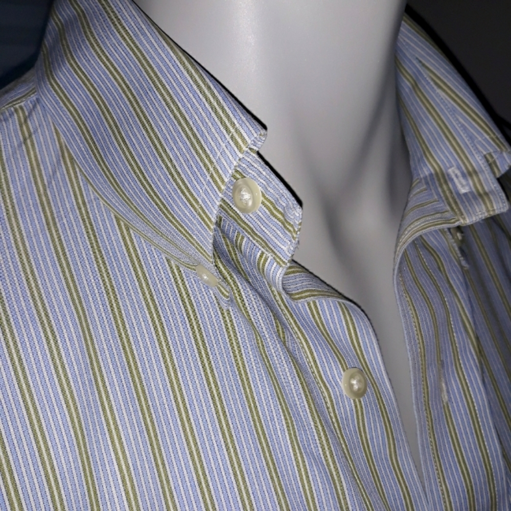 Brooks Brothers mens green and blue verical striped button down shirt. 15.5 neck